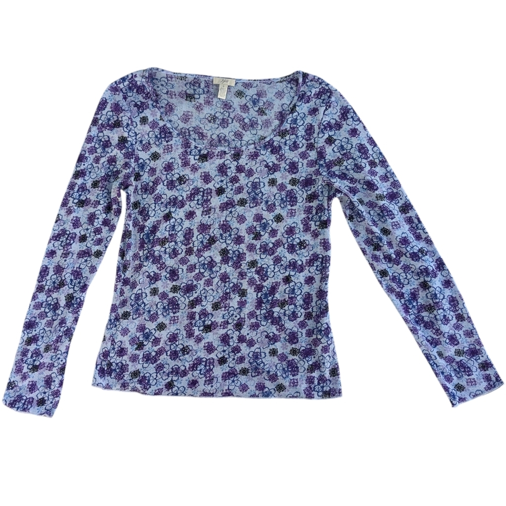 J Jill Womens Size Small Mesh Long Sleeve Top Fairy Grunge Y2K Purple Floral 00s